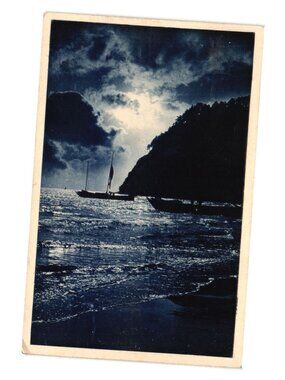 Vintage Japanese Postcard Moonlit Seaside Scene Boats Silhouettes Made In Japan